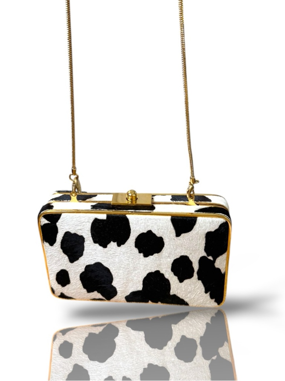 Henri Bendel Rare Cow Print Calf Hair Box Clutch w Branded Chain
